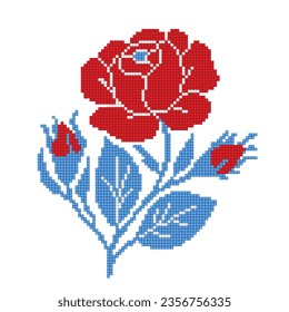 Realistic Cross-Stitch Embroideried Rose. Ethnic Floral Motif, Handmade Stylization. Traditional Ukrainian Red and Blue Embroidery. Ethnic Single Design Element. Vector 3d Illustration