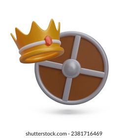 Realistic crown with red diamond and shield for protection. Model for computer game. Crowns for coronation and awards in game. Vector illustration in 3d style