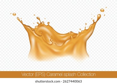 Espirro de caramelo em forma de coroa realista com gotículas isoladas em fundo transparente, ilustração vetorial (EPS). Ilustração de movimento congelado líquido dourado transparente, em camadas