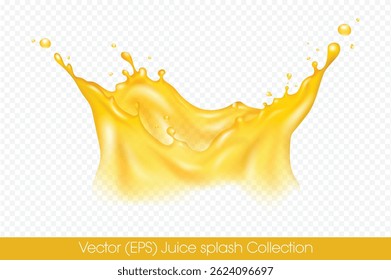 Realistic crown shaped Orange juice splash with droplets isolated on transparent background, orange liquid, perfect for beverage advertisements, packaging, or summer-themed projects, fully layered 