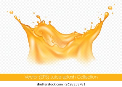Realistic crown shaped Orange juice splash with droplets isolated on transparent background, vector (EPS) illustration. Transparent orange liquid frozen motion illustration, layered