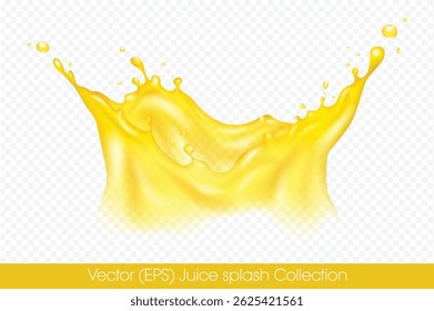 Realistic crown shaped Yellow juice splash with droplets isolated on transparent background, vector (EPS) illustration. Transparent Yellow liquid frozen motion illustration, layered