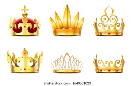 Realistic crown and tiara. Golden royal crowns, queens gold diadem and monarchs crown vector set. Collection of elegant emperor or empress headgear or coronets decorated by jewels or gemstones.