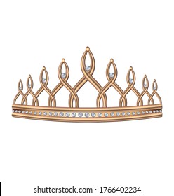 Realistic crown, tiara, head jewelry made of gold with pearls for king and Queen, Princess and Prince vector image set