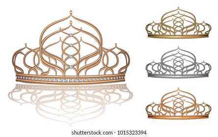 Realistic crown, tiara, jewellery for the head of gold, silver beautiful pearl for the Queen, Princess, set of vector images 