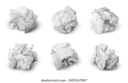 Realistic crumpled paper balls. Wrinkled papers sheets, wrinkled pages or documents. Office trash 3d elements, no ideas concept, pithy vector set