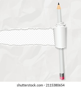 Realistic crumpled paper with rolled edge and pencil on transparent background