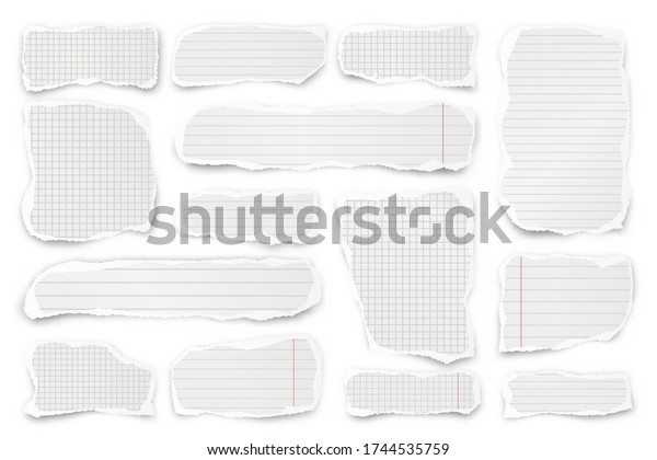 Realistic crumpled paper\
scraps with torn edges. Ripped white paper strips collection.\
Vector illustration.