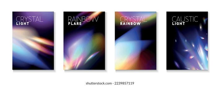 Efecto de arcoiris de cristal realista conjunto de cuatro afiches verticales con partículas de luces abstractas y ilustración de vectores de texto editable