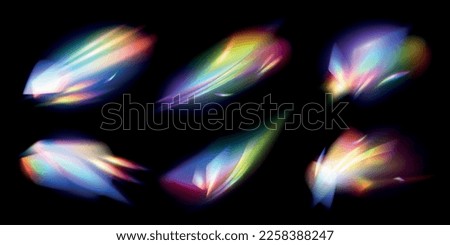 Realistic crystal rainbow effects set of isolated compositions with multiple lights and gradients in color trails vector illustration