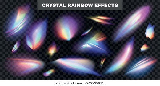 Realistische Kristall-Regenbogeneffekte mit transparentem Set mit isolierten Brechungsleuchten unscharfen Farbflecken mit Text-Vektorgrafik