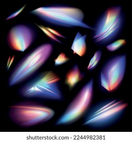 Realistic crystal rainbow light effects set of isolated rainbow colored gradients bokeh pieces on black background vector illustration