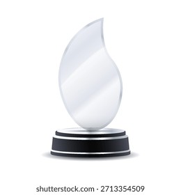 Premio realista de trofeo de cristal con corona de laurel grabada en plata, placa de acrílico transparente y pedestal de madera perfecto para premios profesionales, éxito de la competencia y presentaciones de Vectores elegantes