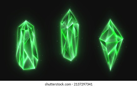 Realistic crystals set, green glowing gems collection