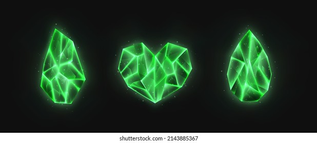 Realistic crystals set, green glowing gems collection