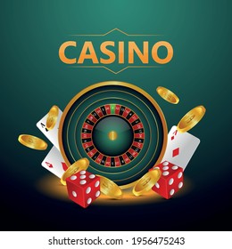 Realistic csino background with cards, chips and roulette wheel