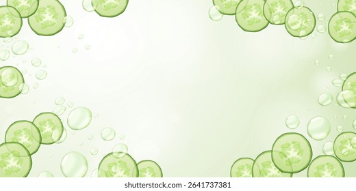 Realistic cucumber background. Fresh cucumbers slices with water splash, soothing spa skincare face cosmetic ad design green liquid beauty vegan concept exact vector illustration original artwork