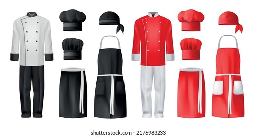 Realistic culinary chef clothing icon set two sets of costumes in black and white and red and white with a cap and aprons vector illustration