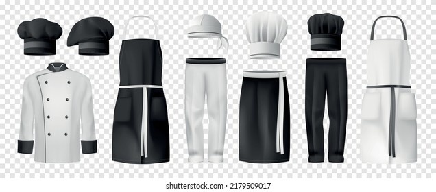 Realistic culinary clothing transparent icon set black and white tunic hats chef aprons pants vector illustration