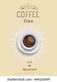 Realistic cup of black coffee with hand drawn inscription: Coffee time. vector concept