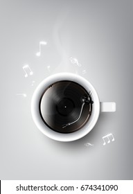 A realistic cup of black coffee and record vinyl in cup in flat lay view, relax time concept, vector illustration