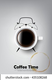 A realistic cup of black coffee and coffee cup stain with coffee clock concept , transparent vector