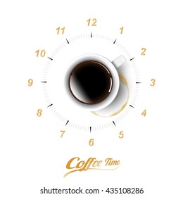 A realistic cup of black coffee and coffee cup stain with coffee clock concept , transparent vector