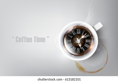 A realistic cup of black coffee and coffee cup stain with coffee clock concept , transparent vector