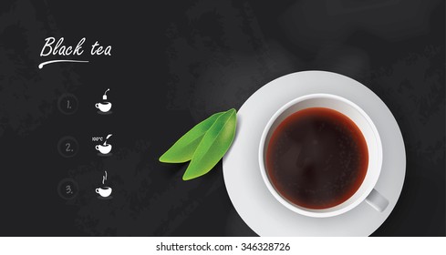 Realistic cup of black tea with black tea leaves. Easy "how to make a tea" icon set. Ideal image for tea package.