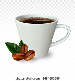 Realistic cup of coffee with beans and leaves. Vector illustration