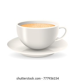 Realistic cup of coffee on saucer. Object isolated on the white background. Cappuccino or latte coffee.