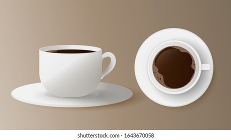 Realistic cup with coffee set. Vector. White cup on a saucer side and top view. Espresso isolated on a white background.