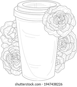 Realistic cup of coffee or tea with roses sketch template. Cartoon vector illustration in black and white for games, background, pattern, decor. Coloring paper, page, story book. Print for fabrics