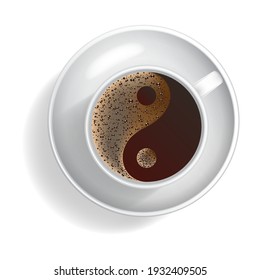 Realistic cup of coffee. Vector illustration of a coffee cup with foam in the shape of the yin and yang symbol on a light background with shadows. A blank for creativity.