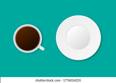 Realistic cup of coffee and white plate. Classic latte with empty saucer. Isolated morning illustration with mocha or tea mockup. Ceramic plate and cup. Vector EPS 10