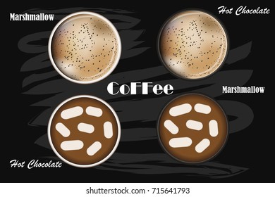 A realistic cup with a delicious coffee and a cup of chocolate and marshmallow.
