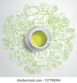 Realistic cup of green tea with circle doodles. Sketched green tea healthy elements, natural products and objects related to green tea, vector hand draw illustration.