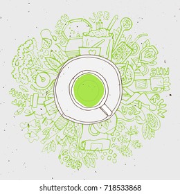 Realistic cup of green tea with circle doodles. Sketched green tea healthy elements, natural products and objects related to green tea, vector hand draw illustration.