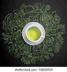 Realistic cup of green tea with circle doodles. Sketched green tea healthy elements, natural products and objects related to green tea, vector hand draw illustration.