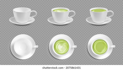 Realistic cup of hot aromatic green Japanese tea matcha latte drink set