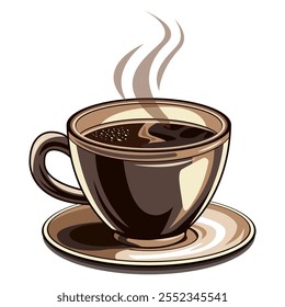Realistic cup of hot coffee. Template for logo design, packaging, stickers and advertising. Isolated on a white background. Vintage vector illustration in a flat style.