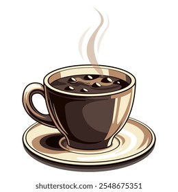 Realistic cup of hot coffee. Vintage vector illustration in a flat style. Template for logo design, stickers, packaging and advertising. Isolated on a white background. 