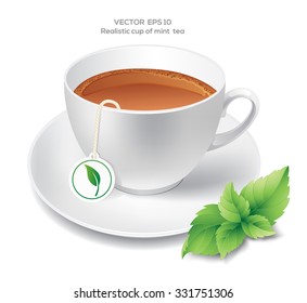 Realistic cup of mint infusion with mint leaf on the side.
