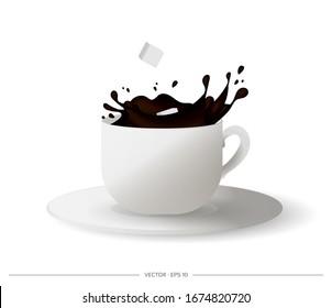 Realistic cup with splashes of coffee. Cubed sugar falling from a cup of coffee. Vector illustration