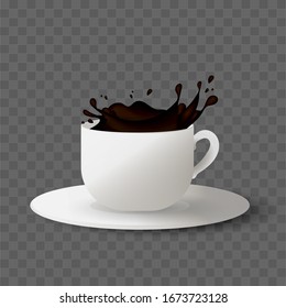 Realistic cup with splashes of coffee. Vector illustration.