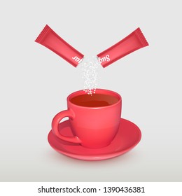 Realistic cup of tea and packing stick with sugar on light background, 3D vector illustration