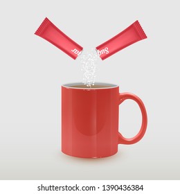 Realistic cup of tea and packing stick with sugar on light background, 3D vector illustration