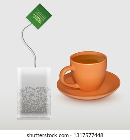 Realistic Cup of tea and shaped tea bag mock up. Isolated on white background, Element for design, advertising, packaging. Vector illustration