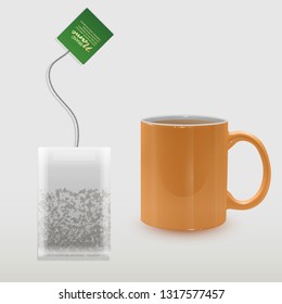 Realistic Cup of tea and shaped tea bag mock up. Isolated on white background, Element for design, advertising, packaging. Vector illustration