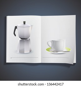 Realistic cup and teapot inside a book. Vector design